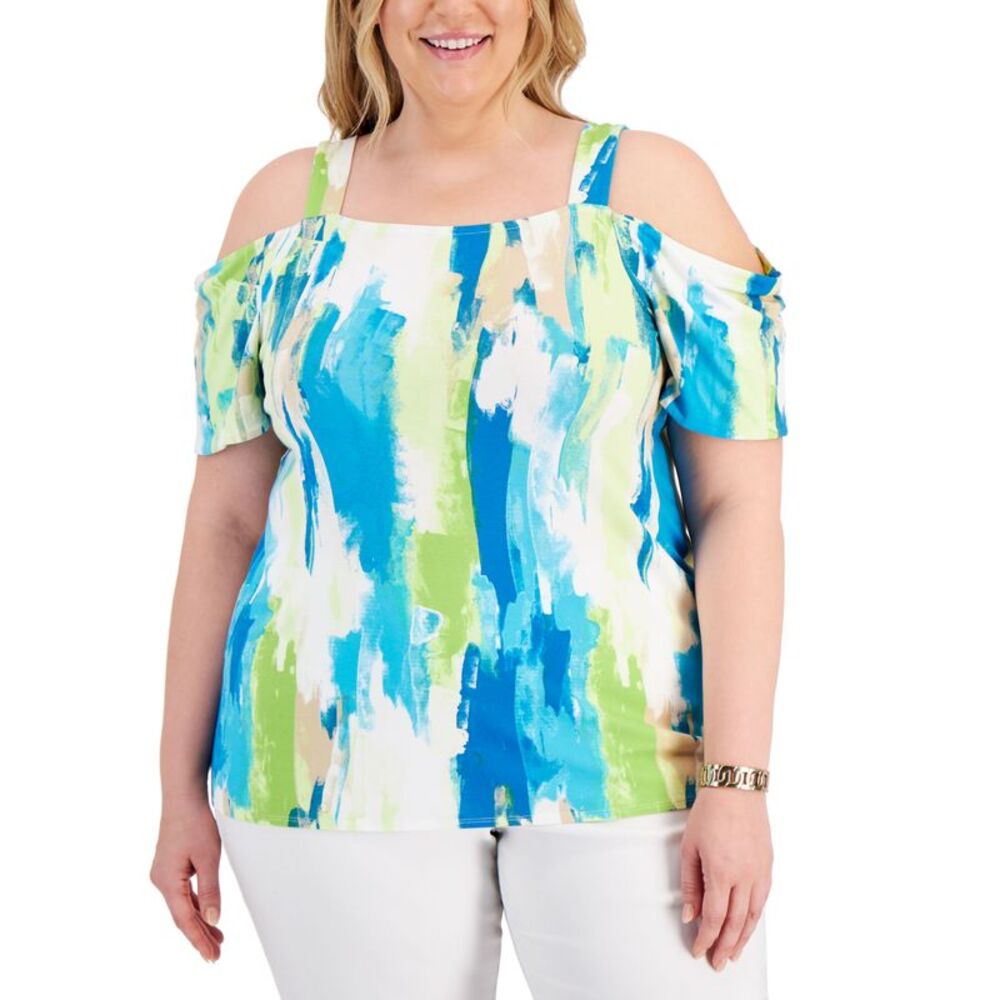 JM Collection Plus Size Printed Cold Shoulder Top